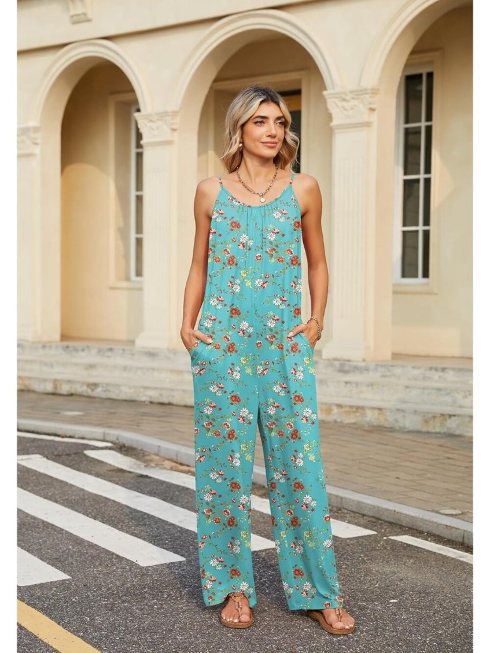 Women Red Flower Casual Sleeveless Imported Spaghetti Strap Boho Wide Leg Romper - Picture 4 of 7
